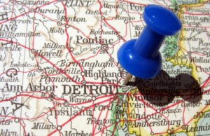 Pin in map marking Detroit