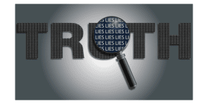 Magnifying glass revealing the word "truth" made out of the words lies