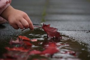 Small child playing in puddle with a leaf