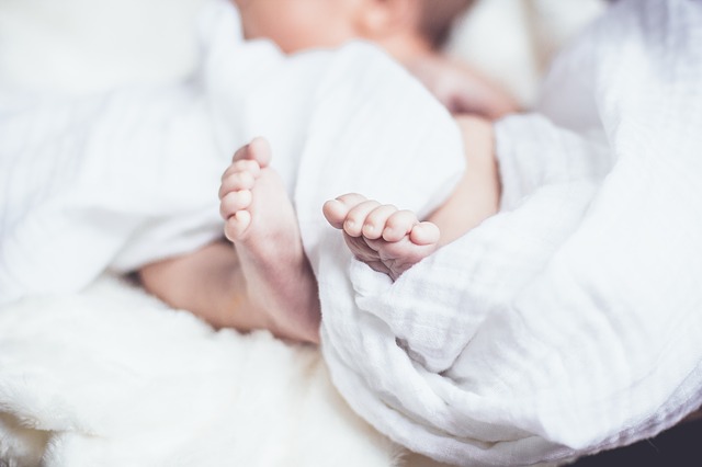 Close up of a baby's feet. The baby is wrapped in a white blanket, and their face is out of focus.