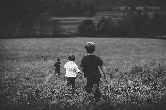 Black and white picture of three little boys holding hands and running through a field, with their backs to the camera