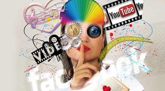 A woman's face, overlapped with the YouTube logo, a color palette, paint splatters, music notes, and a tape measure.