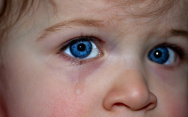 A close up of a small child's eyes that is crying.